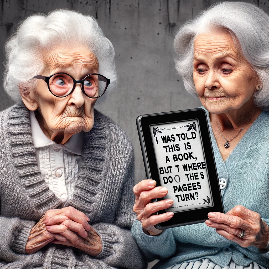 An elderly lady looking at an e-reader, with a puzzled look, captioned 'I was told this is a book, but where do the pages turn?'