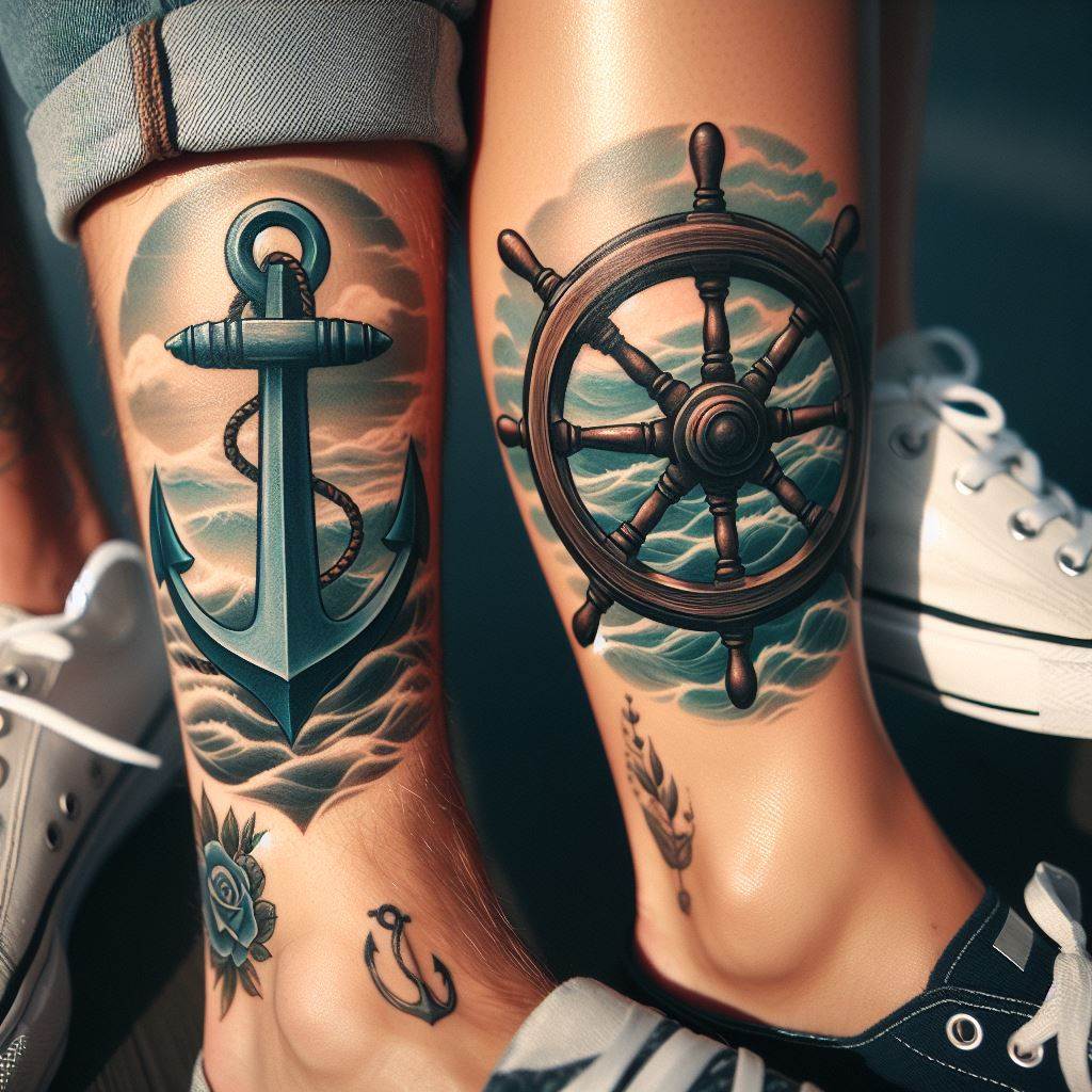 A pair of tattoos with one partner having an anchor and the other a ship's wheel, located on their calves, representing a journey through life's turbulent seas with stability and direction.