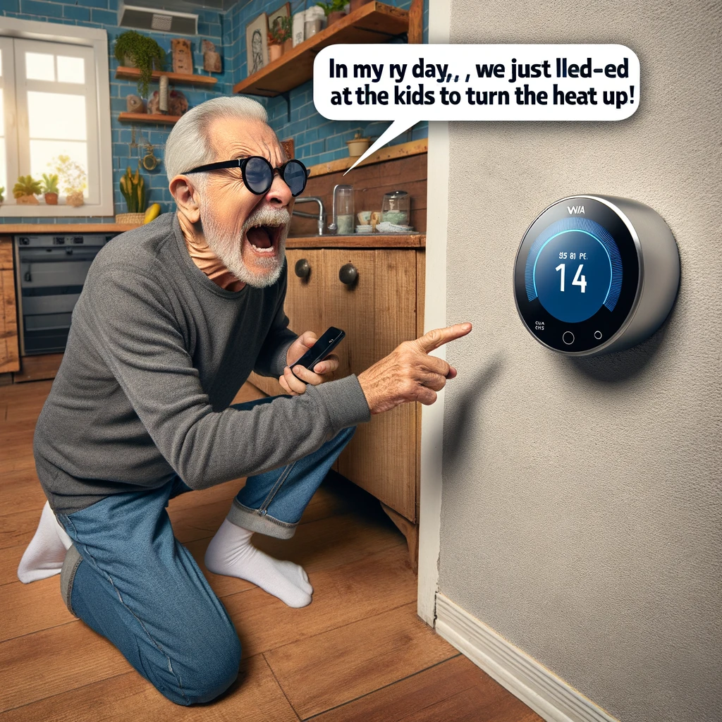 An elderly man trying to speak to a smart thermostat on the wall, captioned 'In my day, we just yelled at the kids to turn the heat up.'