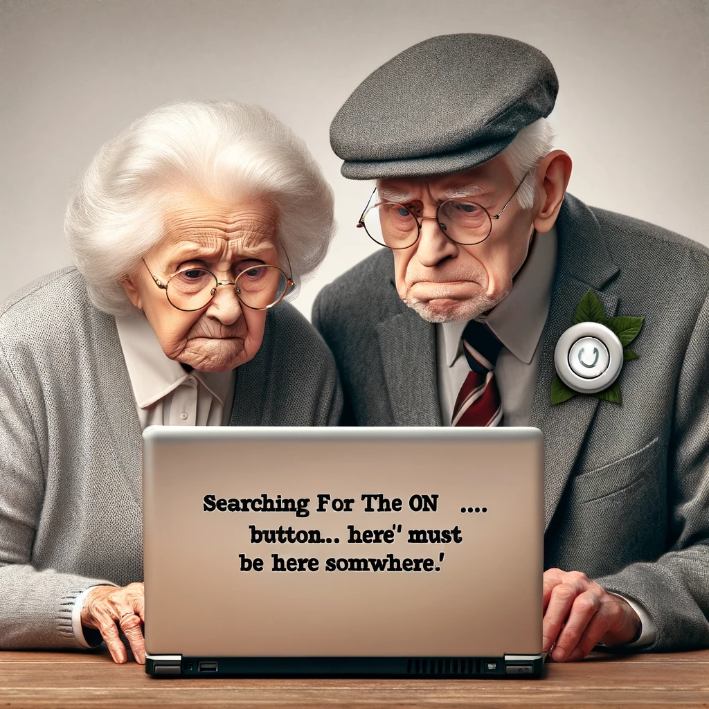 An elderly couple staring at a closed laptop, trying to figure out how to open it, captioned 'Searching for the on button... it must be here somewhere.'
