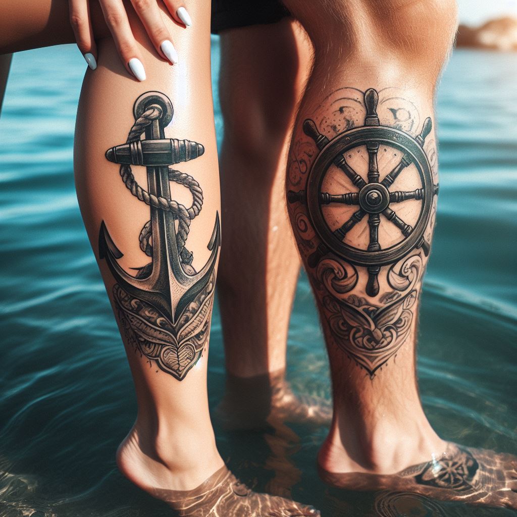 A pair of tattoos with one partner having an anchor and the other a ship's wheel, located on their calves, representing a journey through life's turbulent seas with stability and direction.