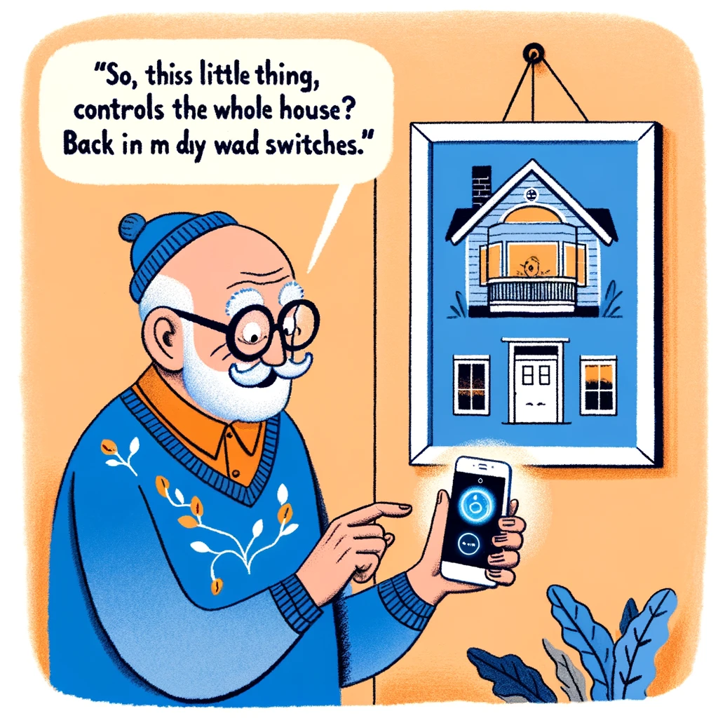 An elderly person examining a smart home device, captioned 'So, this little thing controls the whole house? Back in my day, we had switches.'