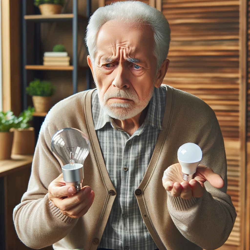 An elderly man with a puzzled expression holding a smart bulb, captioned 'Do I need an app to turn this on too?'