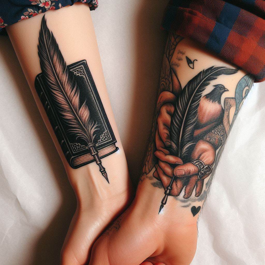 Coordinating tattoos of a book on one partner's arm and a quill on the other's, symbolizing their shared love for stories and writing their own life narrative together.