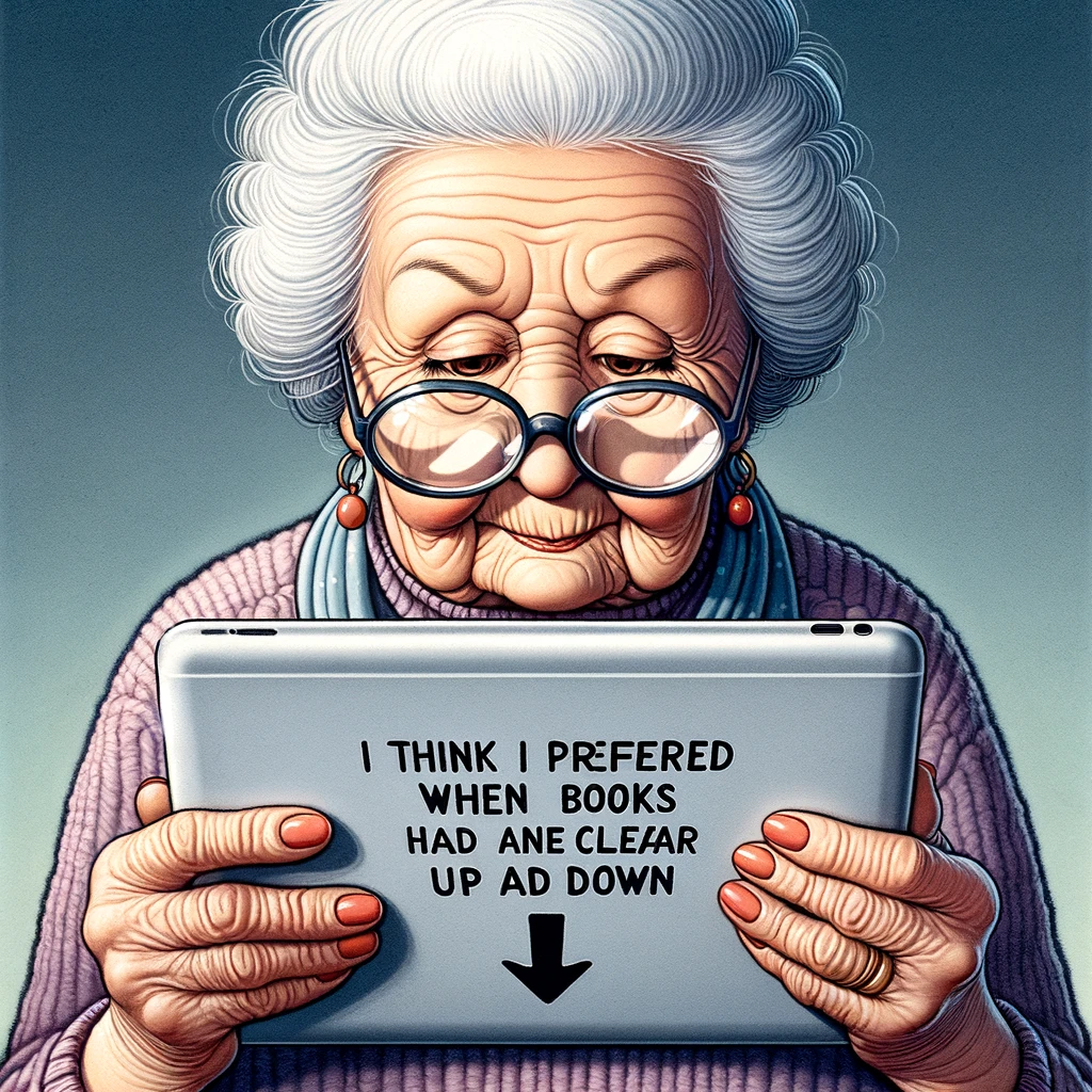 An image of an elderly woman holding a tablet upside down, trying to read an ebook, captioned 'I think I preferred it when books had a clear up and down.'