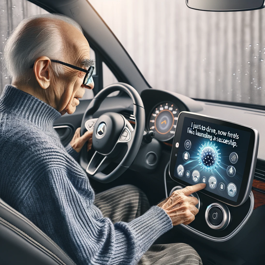 An elderly person looking at a smart car's touchscreen dashboard, captioned 'I just wanted to drive, now it feels like launching a spaceship.'
