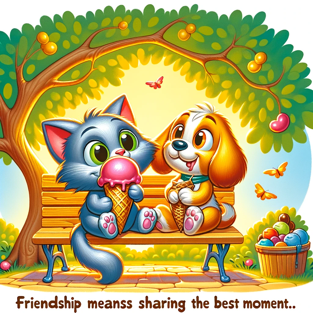 Two cartoon animals, a cat and a dog, sitting on a park bench under a tree, sharing a large ice cream cone. The scene is colorful and cheerful, embodying a warm, sunny day. The caption reads: "Friendship means sharing the best moments... and the ice cream!"