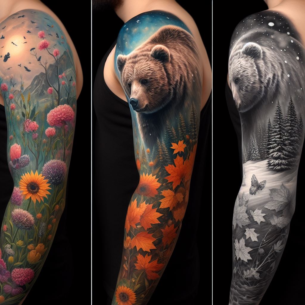A full sleeve tattoo that tells the story of a bear through the seasons. Starting from the shoulder, depicting the bear amidst spring flowers, down to the forearm where autumn leaves fall around its figure, and ending at the wrist with a snowy winter scene. This design integrates various elements of nature, each part blending seamlessly into the next, representing the cycle of life and the bear's adaptation to change.