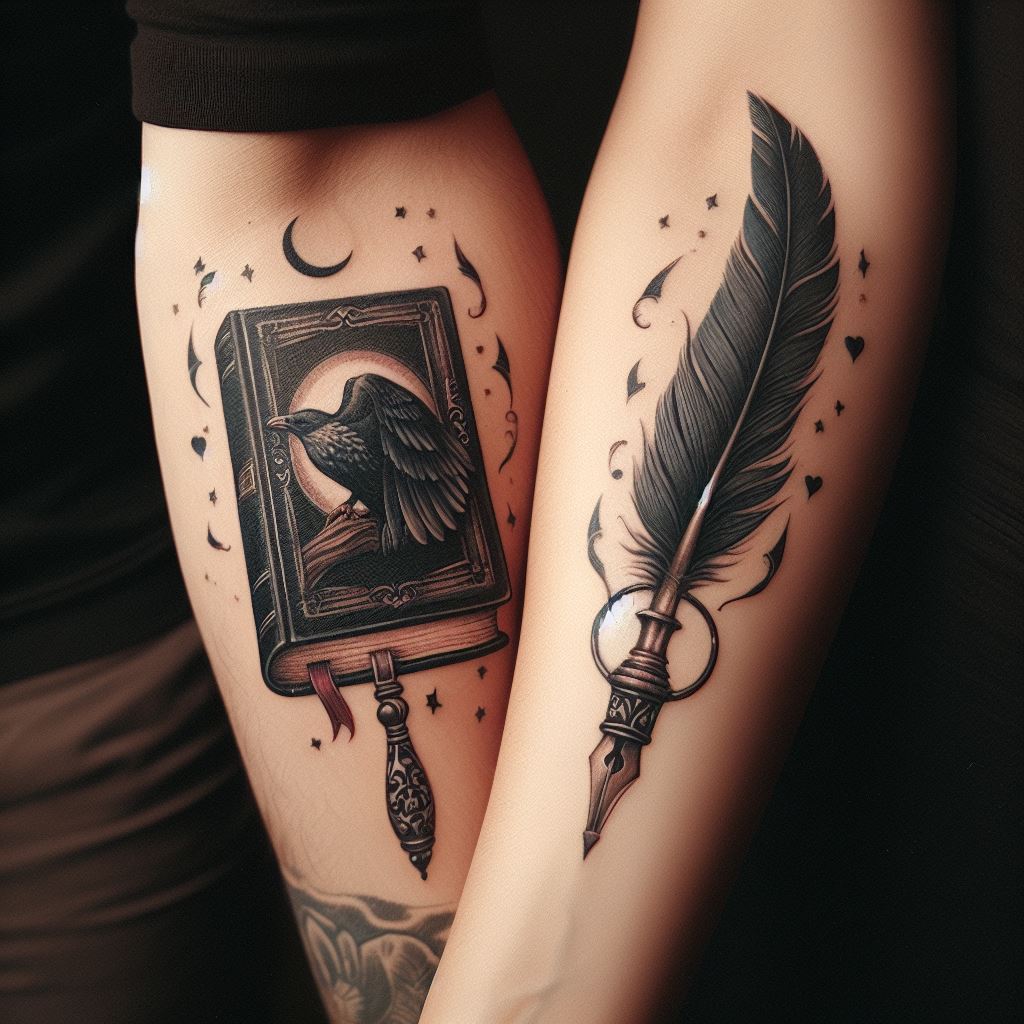 Coordinating tattoos of a book on one partner's arm and a quill on the other's, symbolizing their shared love for stories and writing their own life narrative together.