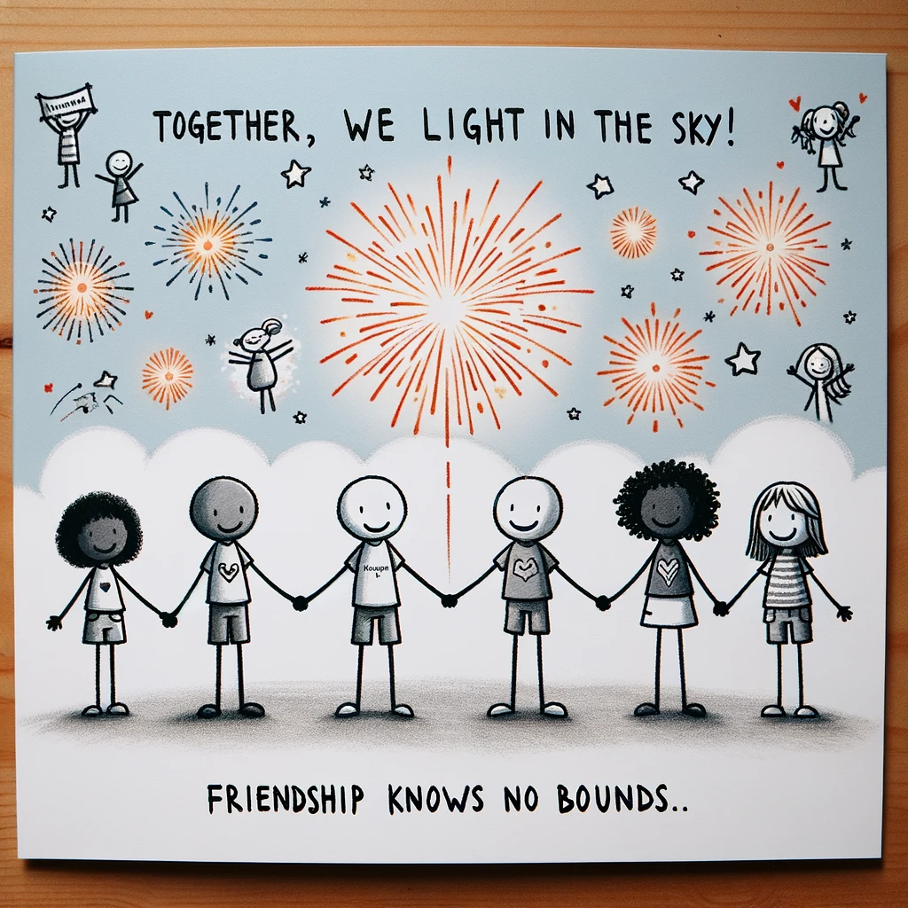 A group of diverse stick figures drawn in a simplistic style, standing in a circle and holding hands. The sky above them is filled with fireworks, symbolizing celebration. The caption reads: "Together, we light up the sky! Friendship knows no bounds."