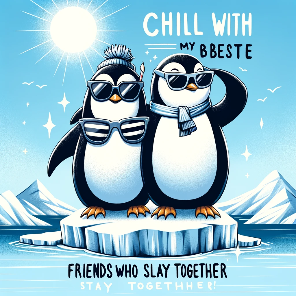 Illustration of two penguins wearing sunglasses, standing on an iceberg, each with a flipper around the other's shoulder. The backdrop is a clear blue sky with the sun shining brightly. The caption reads: "Chilling with my bestie in cool style. Friends who slay together, stay together!"