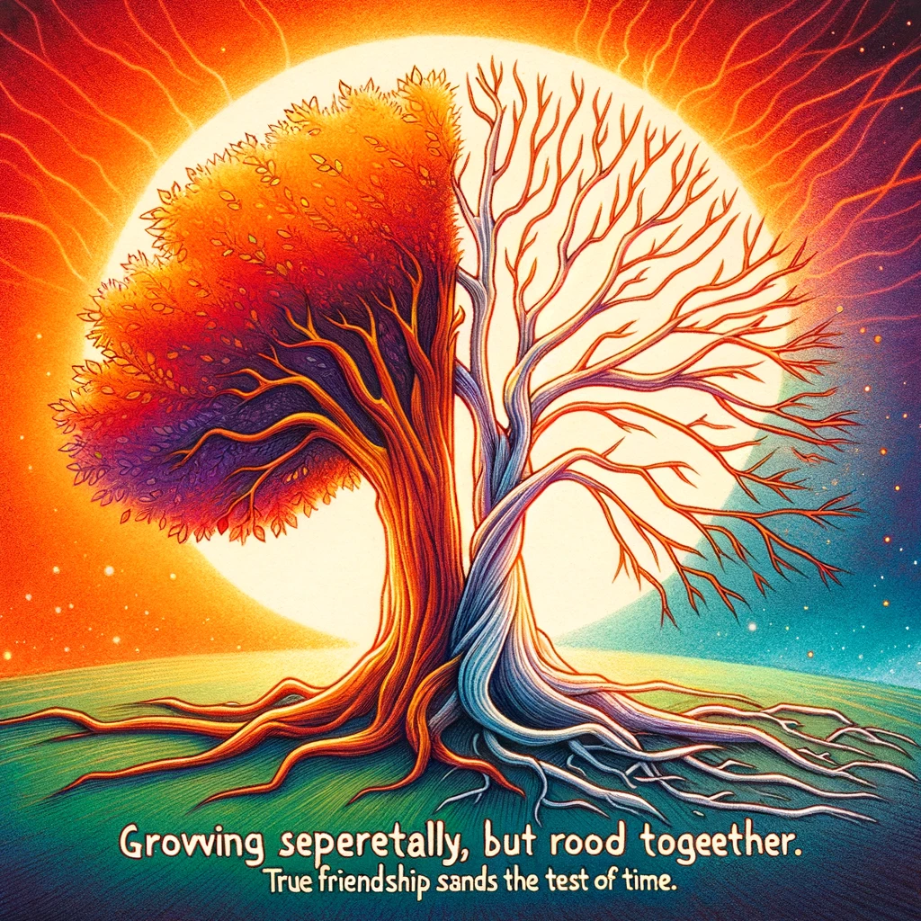 A vibrant, cartoon-style drawing of two trees next to each other, one a tall oak and the other a slender birch. Their branches intertwine above, symbolizing unity. The sun sets in the background, casting a warm glow. The caption reads: "Growing separately, but rooted together. True friendship stands the test of time."