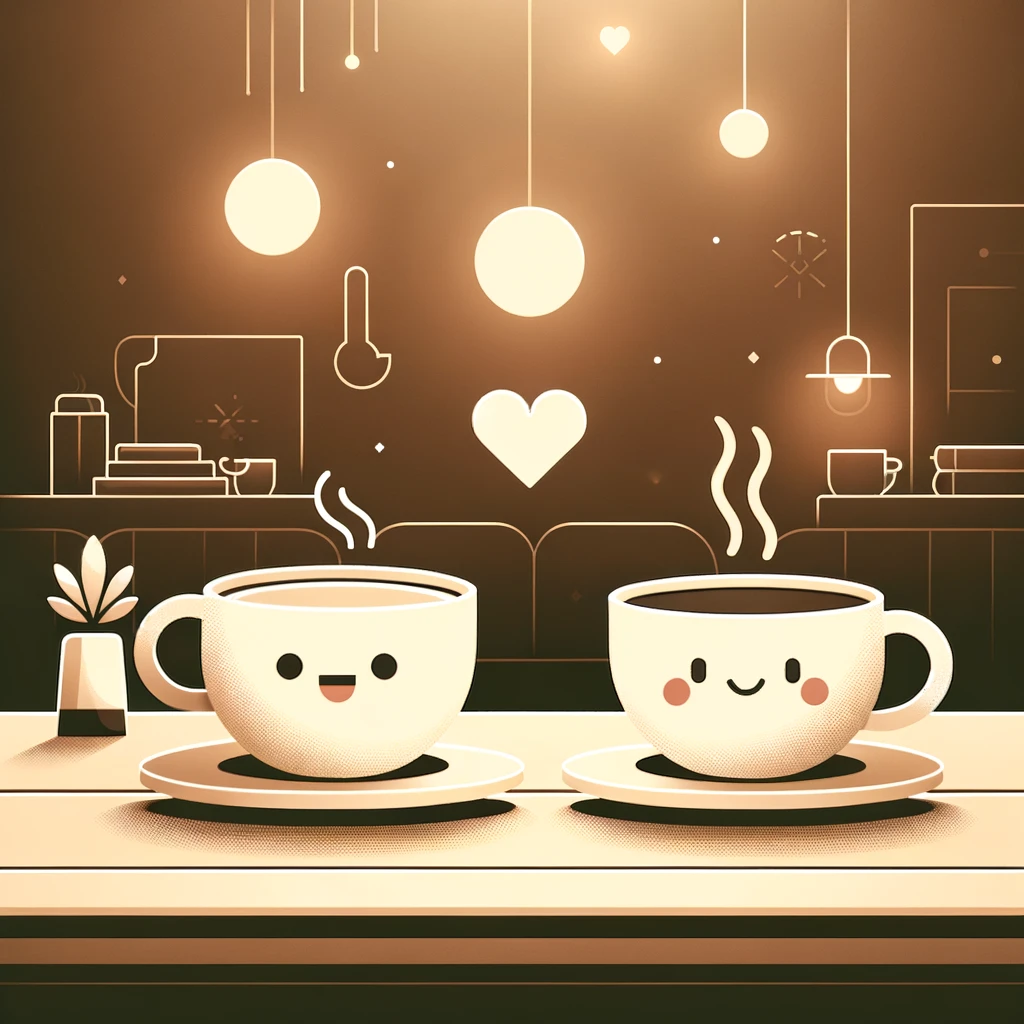 A minimalist digital art of two coffee cups on a table, one with a smiley face and the other with a heart. They are surrounded by a cozy, warm ambiance, suggesting a coffee shop. The caption reads: "Catching up over coffee. The best conversations happen with a friend by your side."