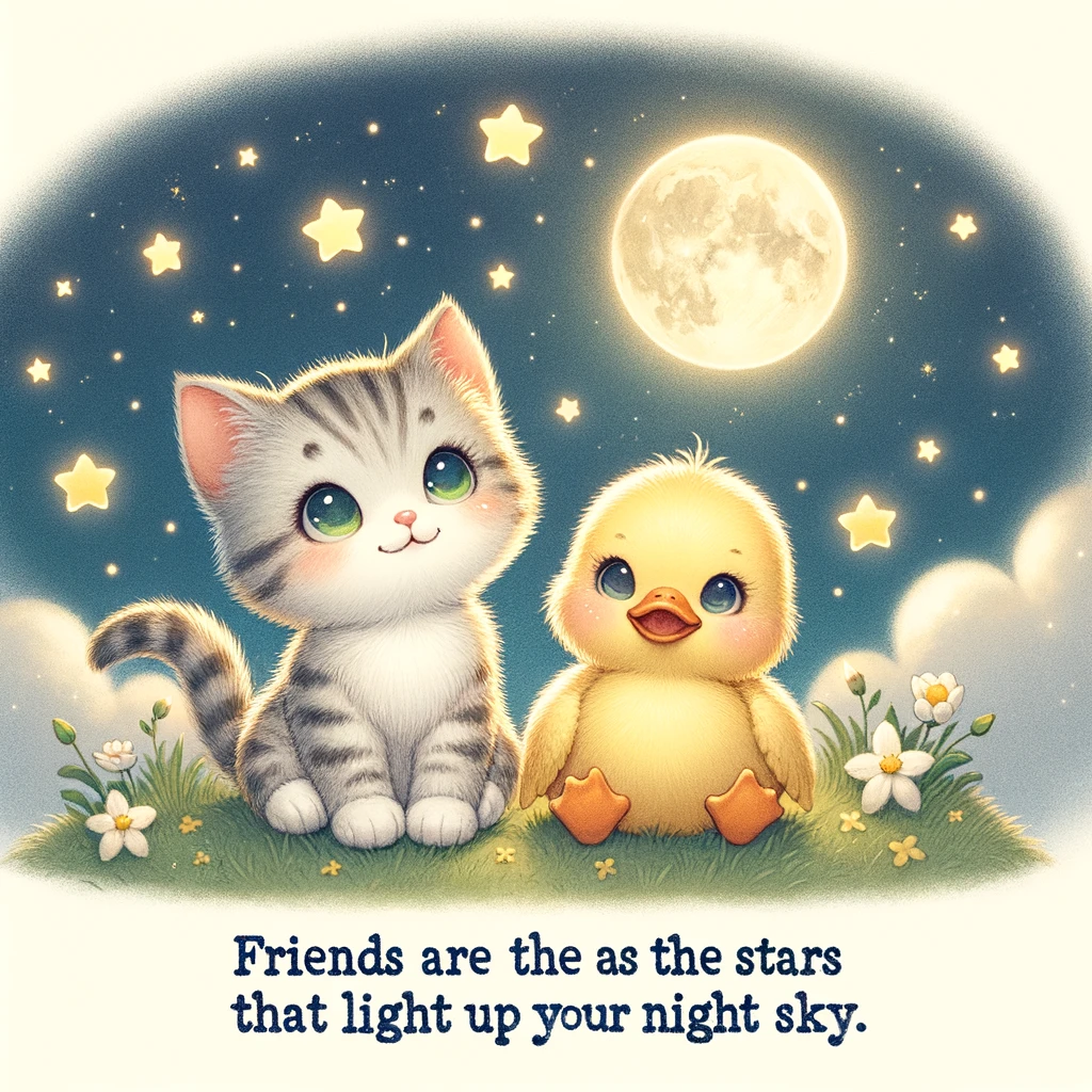 An adorable illustration of a small kitten and a little duckling sitting side by side, both looking up at the stars in a night sky. They are on a grassy hill, and the moon is full and bright. The caption reads: "Friends are the stars that light up your night sky."
