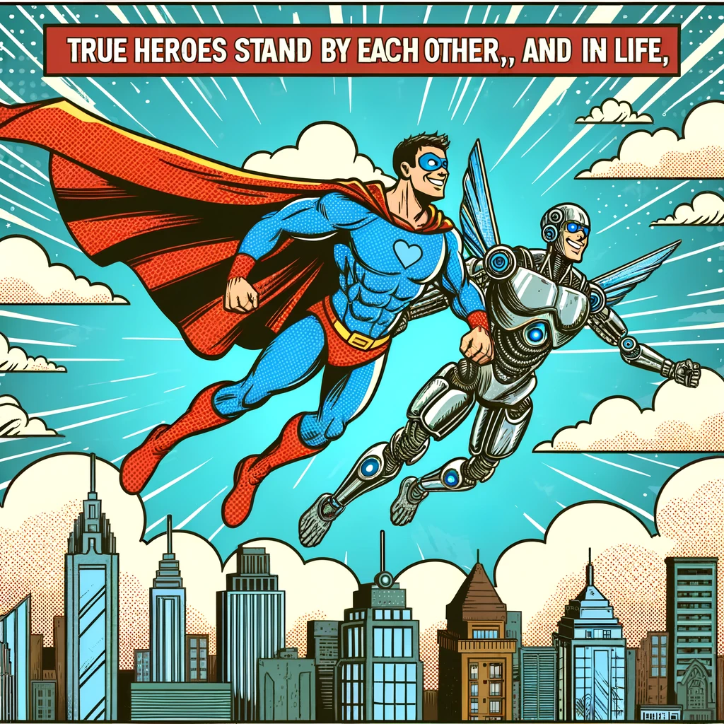 A comic-style illustration showing two superheroes flying side by side above the city skyline, one wearing a cape and the other with robotic wings. They are smiling at each other, showcasing camaraderie. The caption reads: "True heroes stand by each other, in skies and in life."