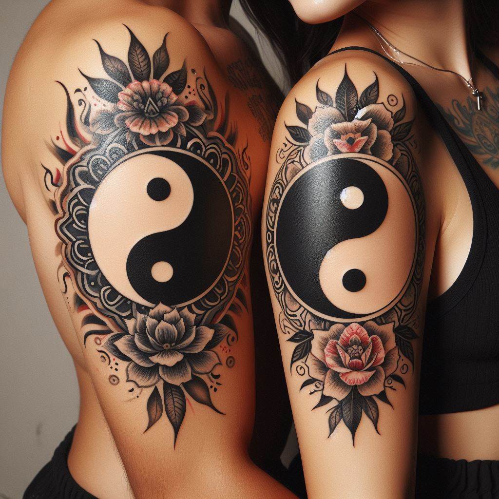 Matching tattoos of a yin and yang symbol split between the couple, located on their upper arms, symbolizing their complementary forces and balance within their relationship.