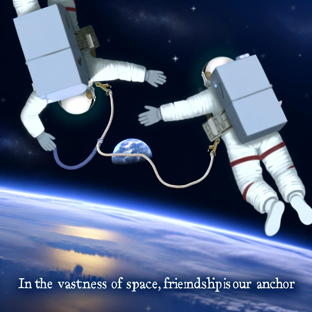A digital painting of two astronauts floating in space, tethered together by a safety rope. They are holding hands, with Earth visible in the background. The scene is serene and vast, highlighting their bond. The caption reads: "In the vastness of space, friendship is our anchor."