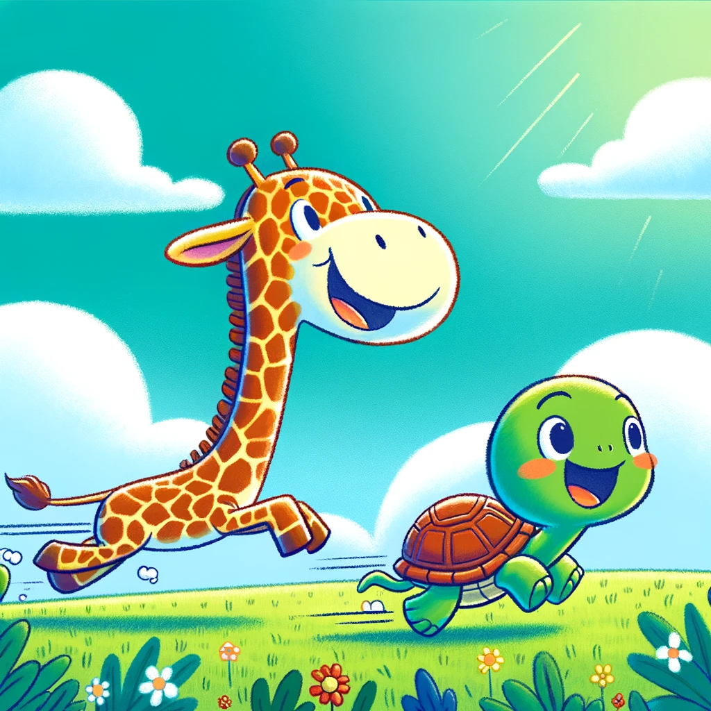 A playful illustration of two cartoon characters, one a tall giraffe and the other a small turtle, racing each other with big smiles on their faces. They are in a lush green field under a bright blue sky. The caption reads: "It's not about who wins or loses; it's about enjoying the journey together."