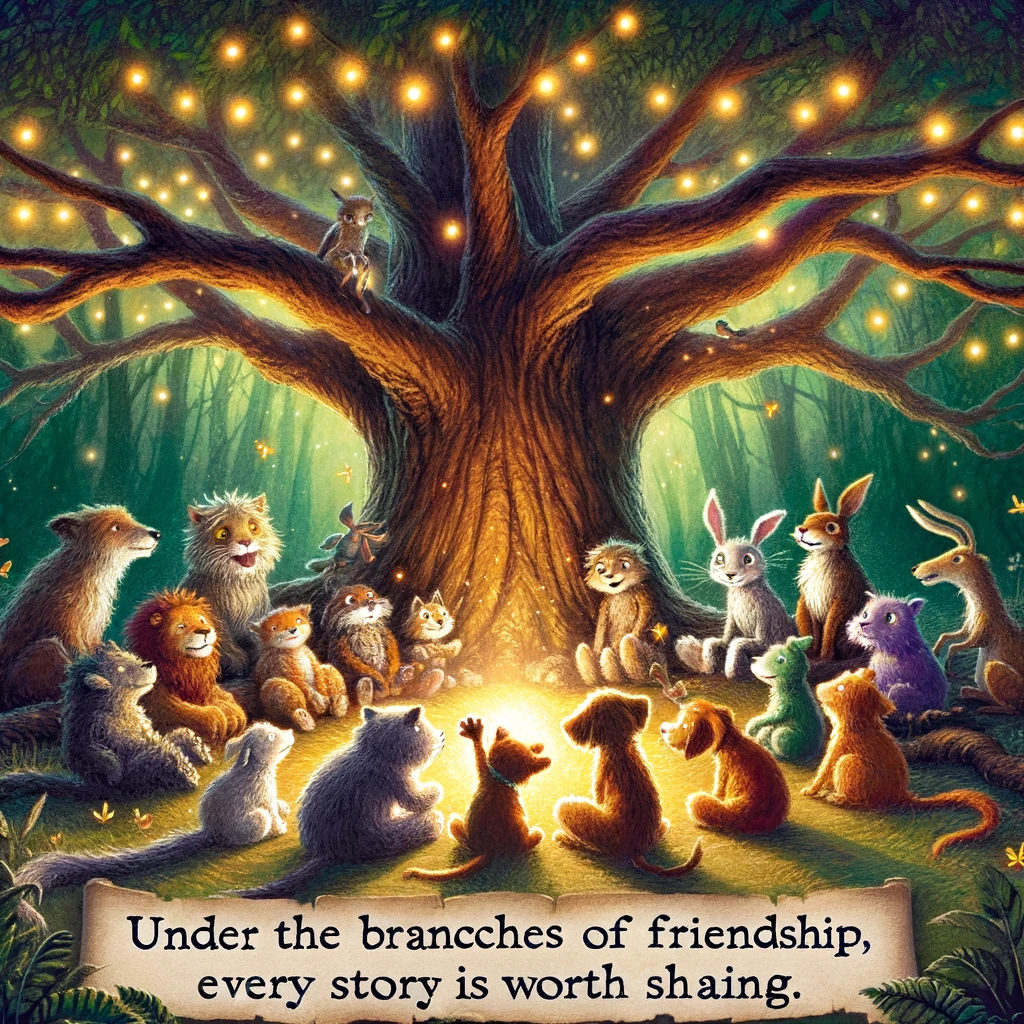 A heartwarming illustration of an old, wise tree with numerous branches, under which a diverse group of animals are gathered, sharing stories. The setting is an enchanted forest, glowing with fireflies. The caption reads: "Under the branches of friendship, every story is worth sharing."