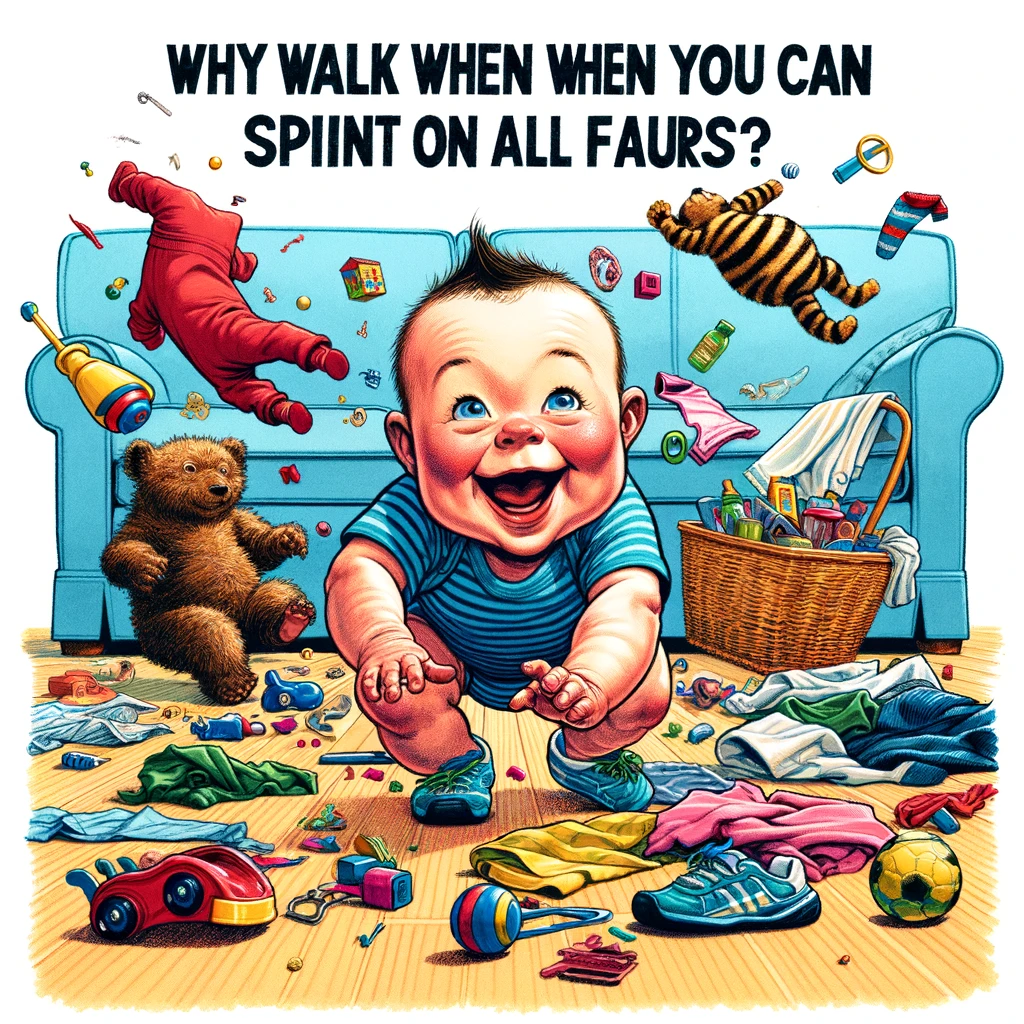 A comical scene of a baby crawling at an incredibly fast speed, leaving a comical trail of toys, clothes, and miscellaneous household items in disarray behind them. The baby looks delighted and determined, embodying the essence of a tiny tornado on a mission. The background is a typical living room, adding to the chaos and humor of the situation. At the bottom of the image, in bold, humorous font, the caption reads: 'Why walk when you can sprint on all fours?' The style is vibrant, detailed, and captures the playful chaos of the moment.