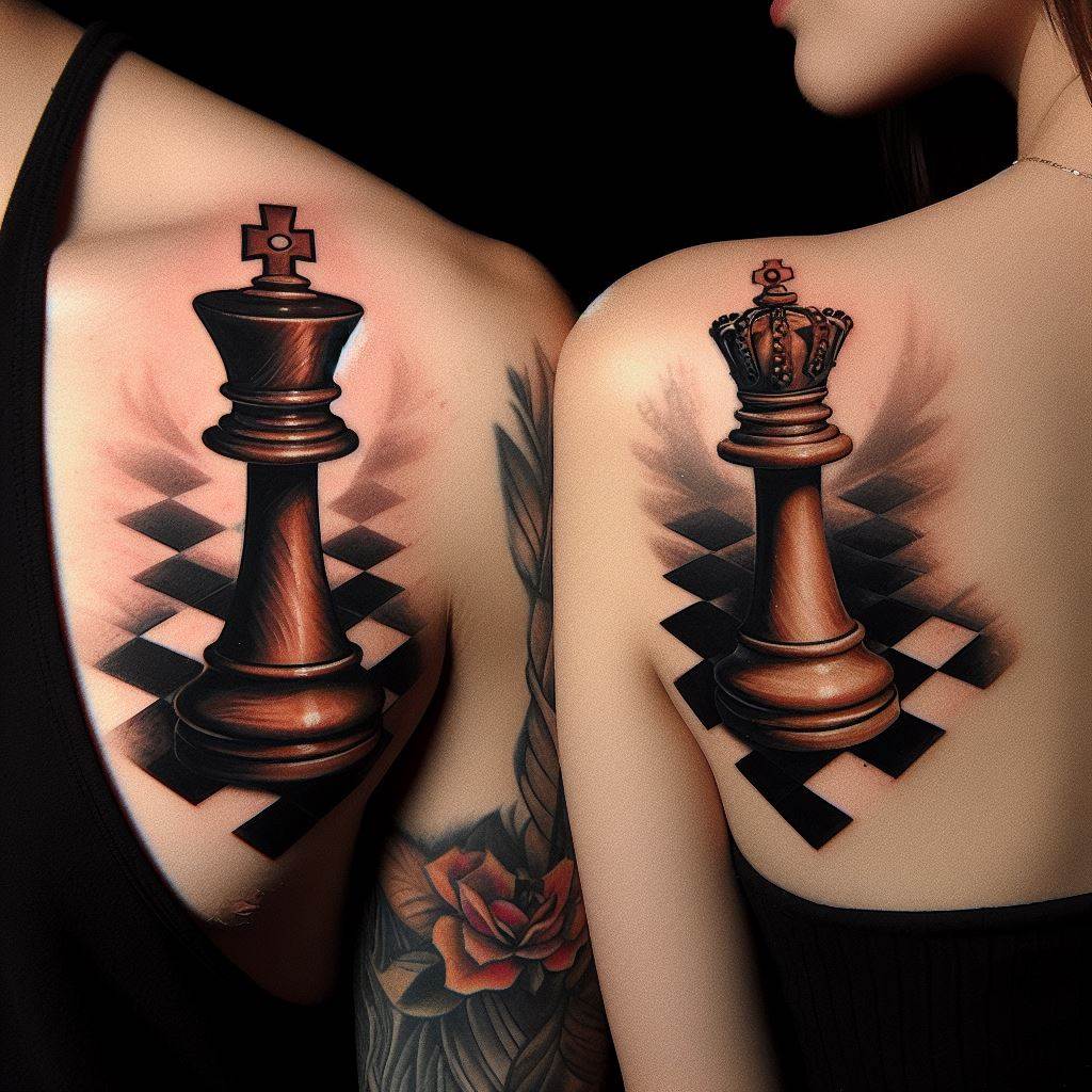 A pair of tattoos featuring a piece of a chessboard, with one partner having a king piece and the other a queen piece tattooed on their shoulder, symbolizing strategy, partnership, and protection.