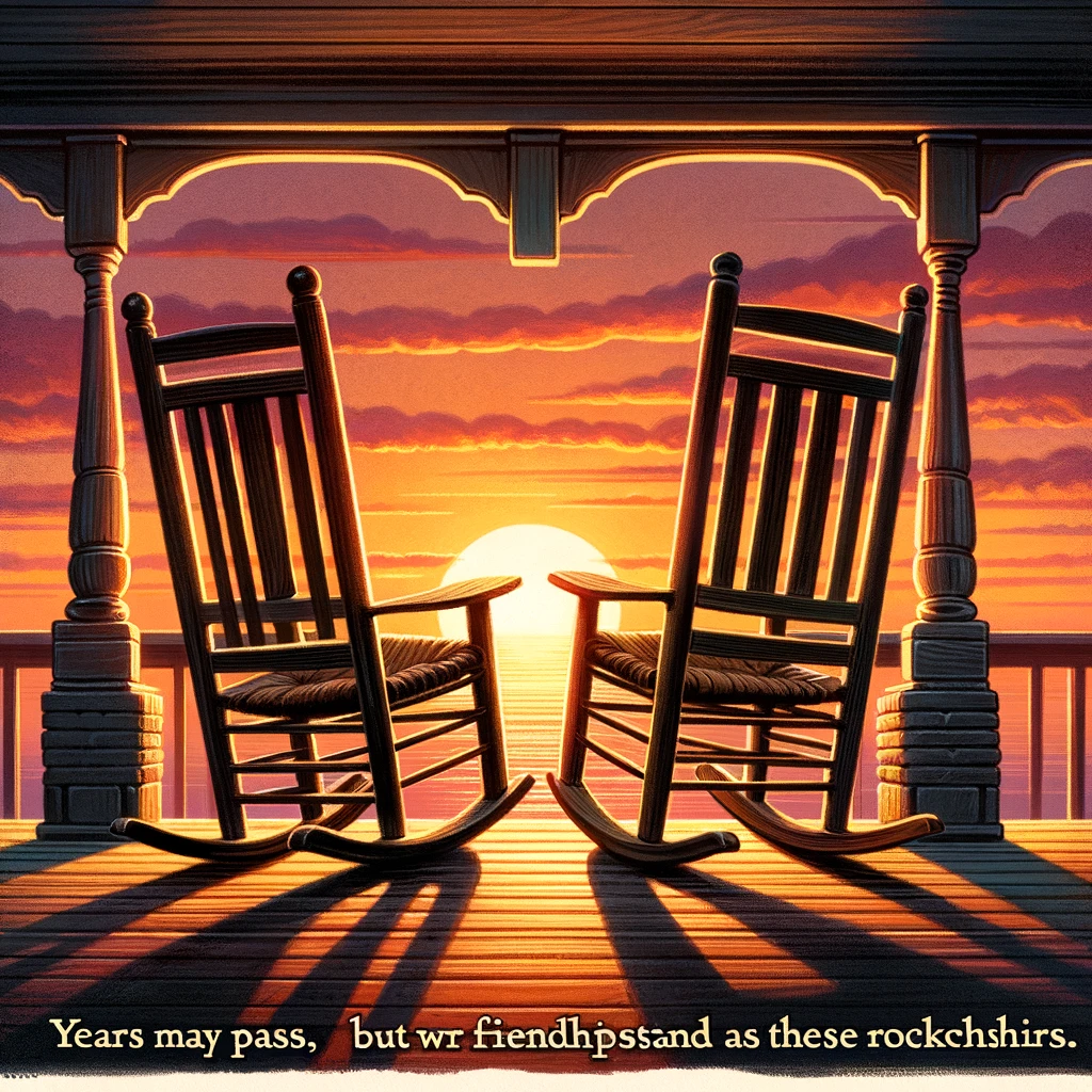 Illustration of two old rocking chairs side by side on a porch, with a sunset in the background. The scene conveys a sense of peace and long-term friendship. The caption reads: "Years may pass, but our friendship stands as firm as these rocking chairs."