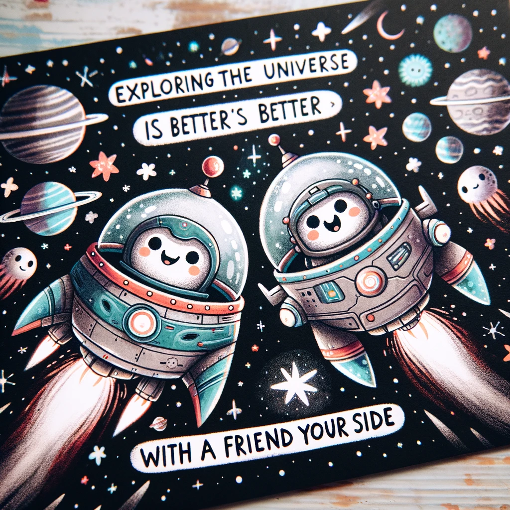 A whimsical illustration of two spaceships with cartoon faces, flying through space together. The background is a galaxy filled with stars and planets. The caption reads: "Exploring the universe is better with a friend by your side."