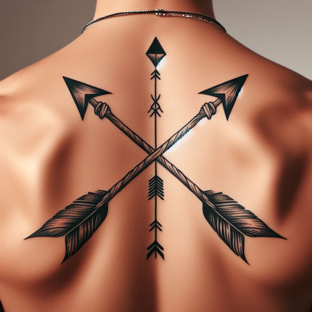 A tattoo of two crossing arrows on each partner's back, symbolizing friendship, unity, and their crossed paths leading to a shared future.