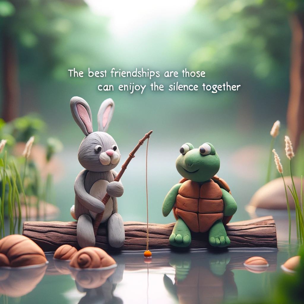 A heartwarming scene of two clay animation-style characters, a rabbit and a turtle, sitting together on a log, fishing in a serene lake. The atmosphere is peaceful and joyful. The caption reads: "The best friendships are those where you can enjoy the silence together."
