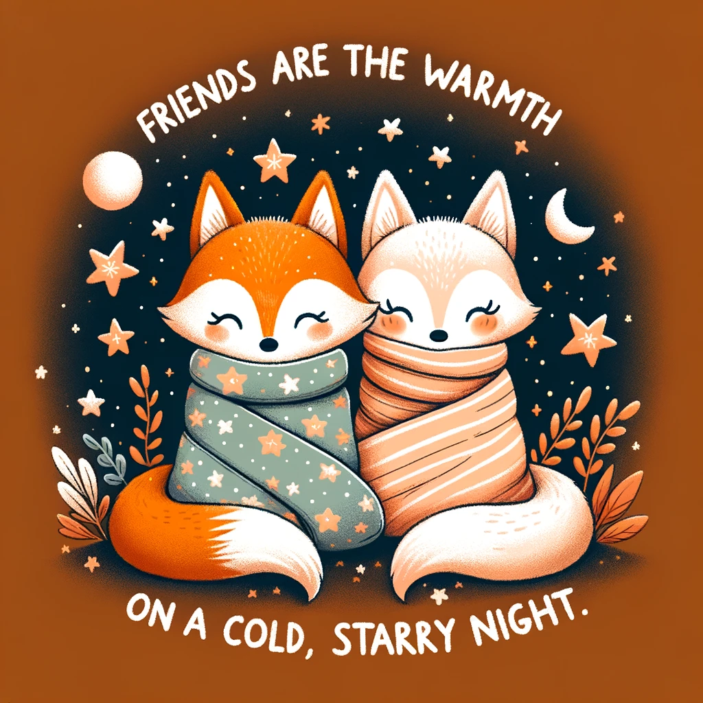 An illustration of two cartoon foxes, one orange and one white, sitting back to back under a starry night sky, wrapped in a cozy blanket. The vibe is warm and comforting. The caption reads: "Friends are the warmth on a cold, starry night."