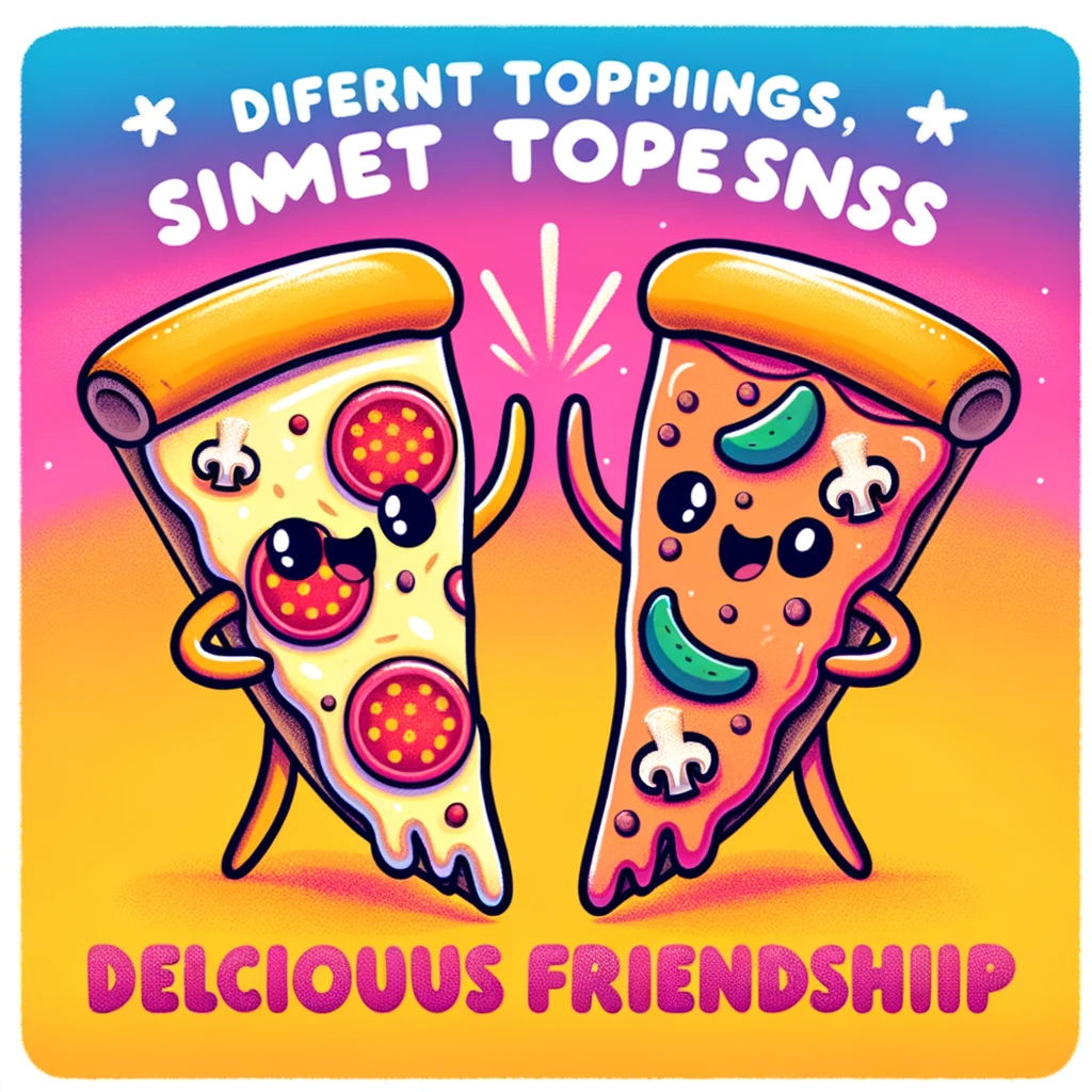 A fun illustration of two slices of pizza, one with pepperoni and one with mushrooms, high-fiving each other with their crusts. They are on a vibrant, colorful background. The caption reads: "Different toppings, same delicious friendship."