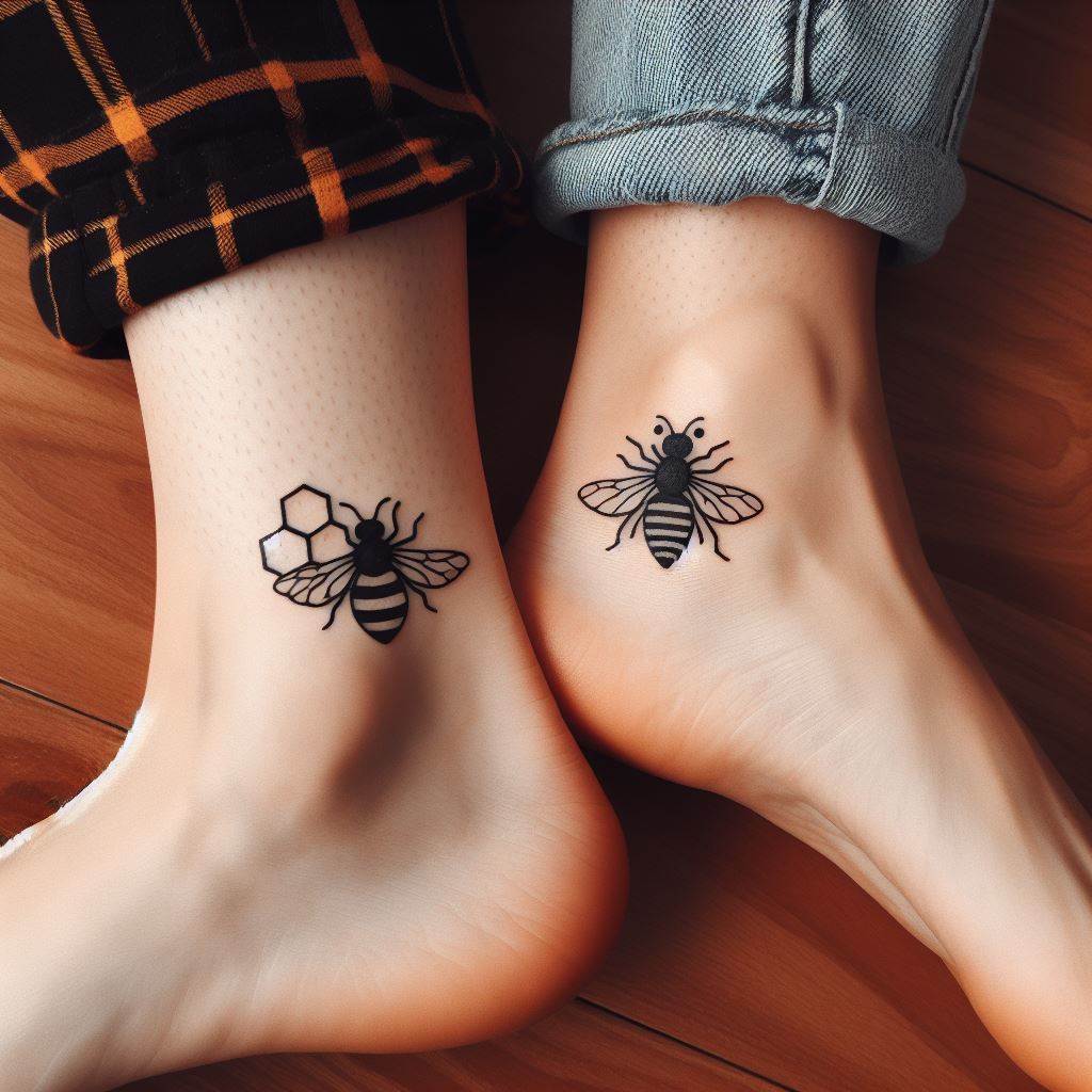 Matching tattoos of a simple, small bee on one partner and a honeycomb on the other, located on their ankles, symbolizing hard work, teamwork, and the sweetness of their relationship.