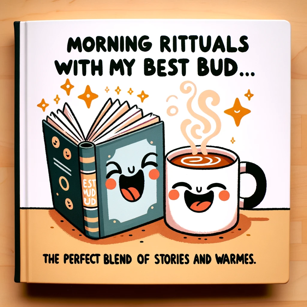 A playful illustration of a book and a coffee mug on a desk, both with cartoon faces and laughing. The book is open as if telling a story, and the coffee mug is steaming. The caption reads: "Morning rituals with my best bud. The perfect blend of stories and warmth."