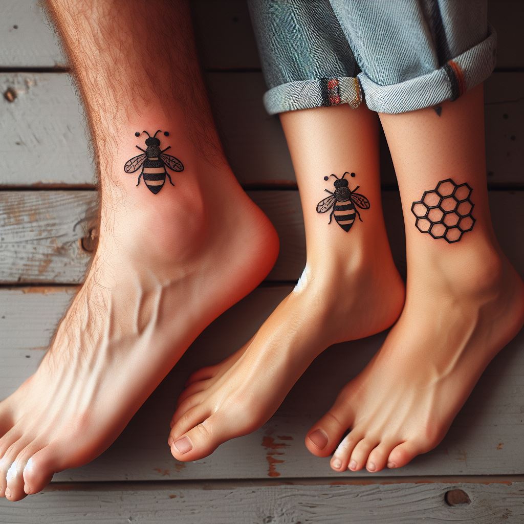 Matching tattoos of a simple, small bee on one partner and a honeycomb on the other, located on their ankles, symbolizing hard work, teamwork, and the sweetness of their relationship.