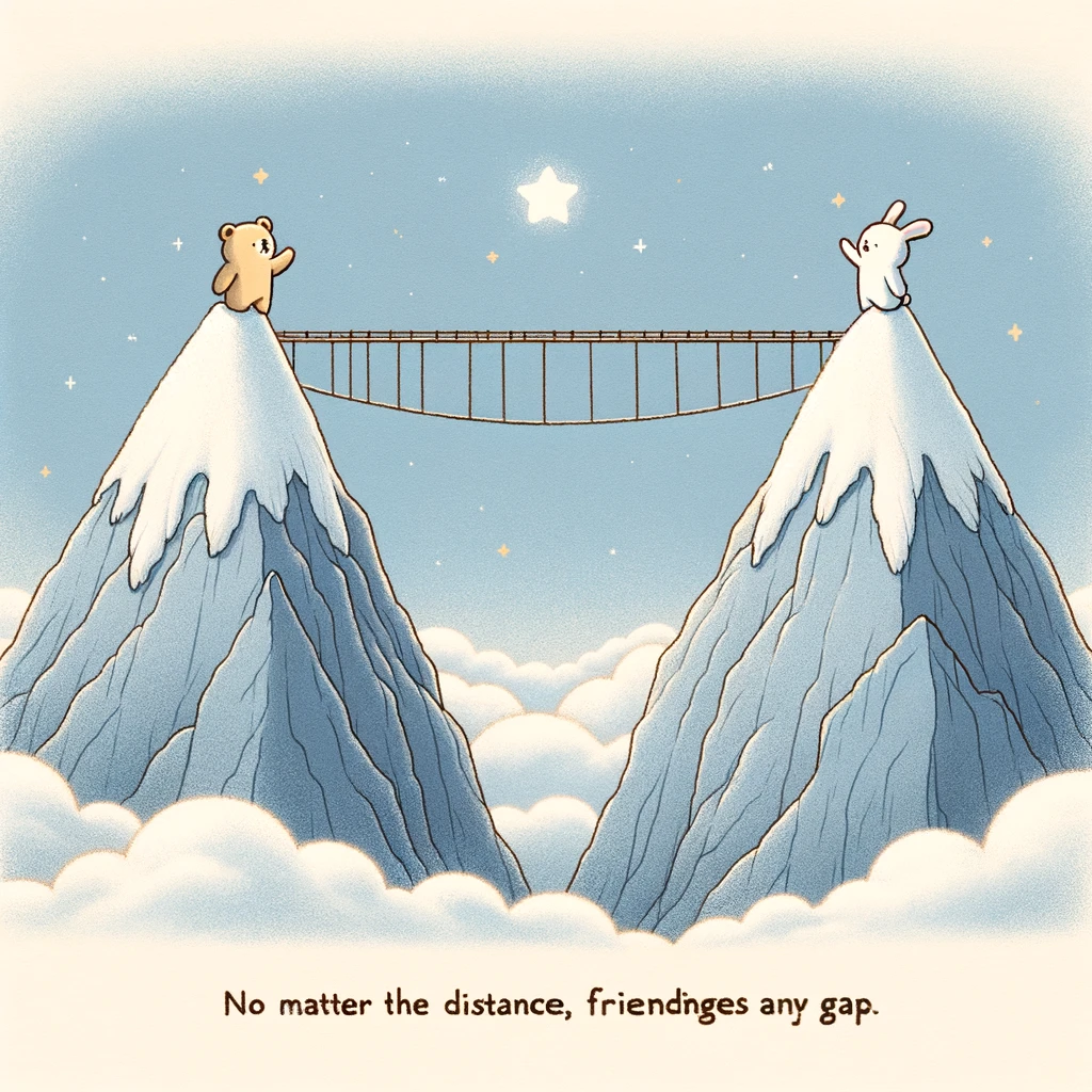 A touching illustration of two mountain peaks under a clear blue sky, with a bridge connecting them. On each peak stands a character, one a bear and the other a bunny, waving at each other across the distance. The caption reads: "No matter the distance, friendship bridges any gap."