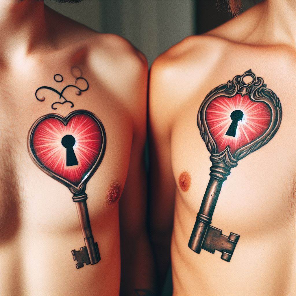 Coordinating tattoos of a keyhole on one partner's chest and a key on the other's, symbolizing the unique access they have to each other's hearts.