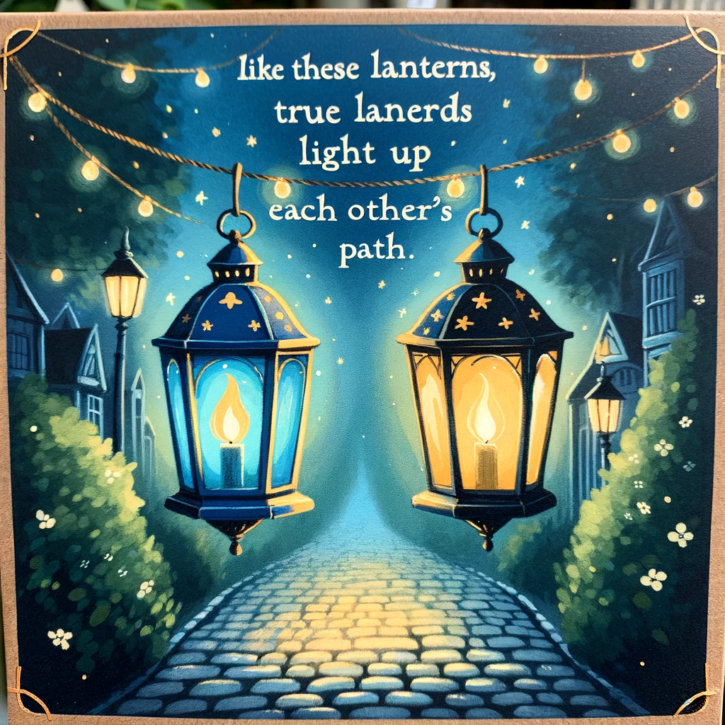 A charming illustration of two lanterns hanging side by side in the night, one blue and one yellow, casting a soft glow on a quaint cobblestone path. The ambiance is magical and inviting. The caption reads: "Like these lanterns, true friends light up each other's path."