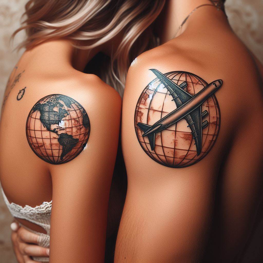 A pair of tattoos featuring a small, detailed globe on one partner's shoulder and an airplane on the other's, symbolizing their love for travel and exploring the world together.