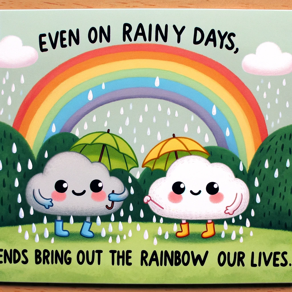 An endearing illustration of two cartoon clouds, one raining and the other casting a rainbow, above a lush green landscape. They appear to be smiling and playing together. The caption reads: "Even on rainy days, friends bring out the rainbow in our lives."