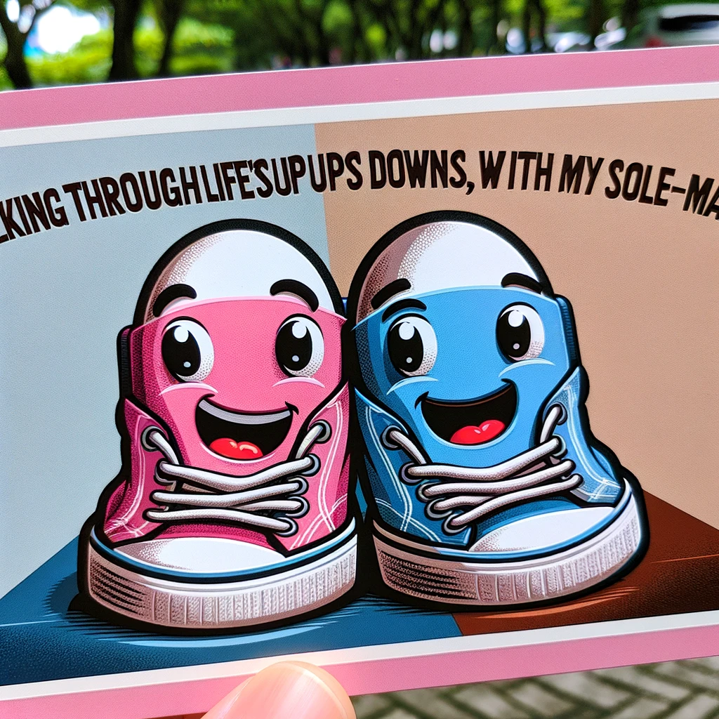 A humorous illustration of two cartoon sneakers, one pink and one blue, walking side by side with smiles on their faces. The background is a park scene. The caption reads: "Walking through life's ups and downs, side by side with my sole-mate."