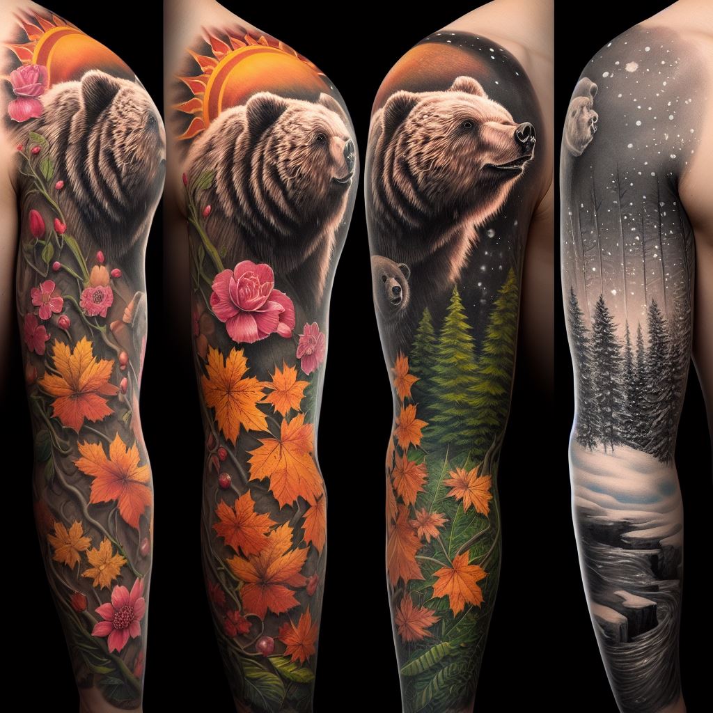 A full sleeve tattoo that tells the story of a bear through the seasons. Starting from the shoulder, depicting the bear amidst spring flowers, down to the forearm where autumn leaves fall around its figure, and ending at the wrist with a snowy winter scene. This design integrates various elements of nature, each part blending seamlessly into the next, representing the cycle of life and the bear's adaptation to change.