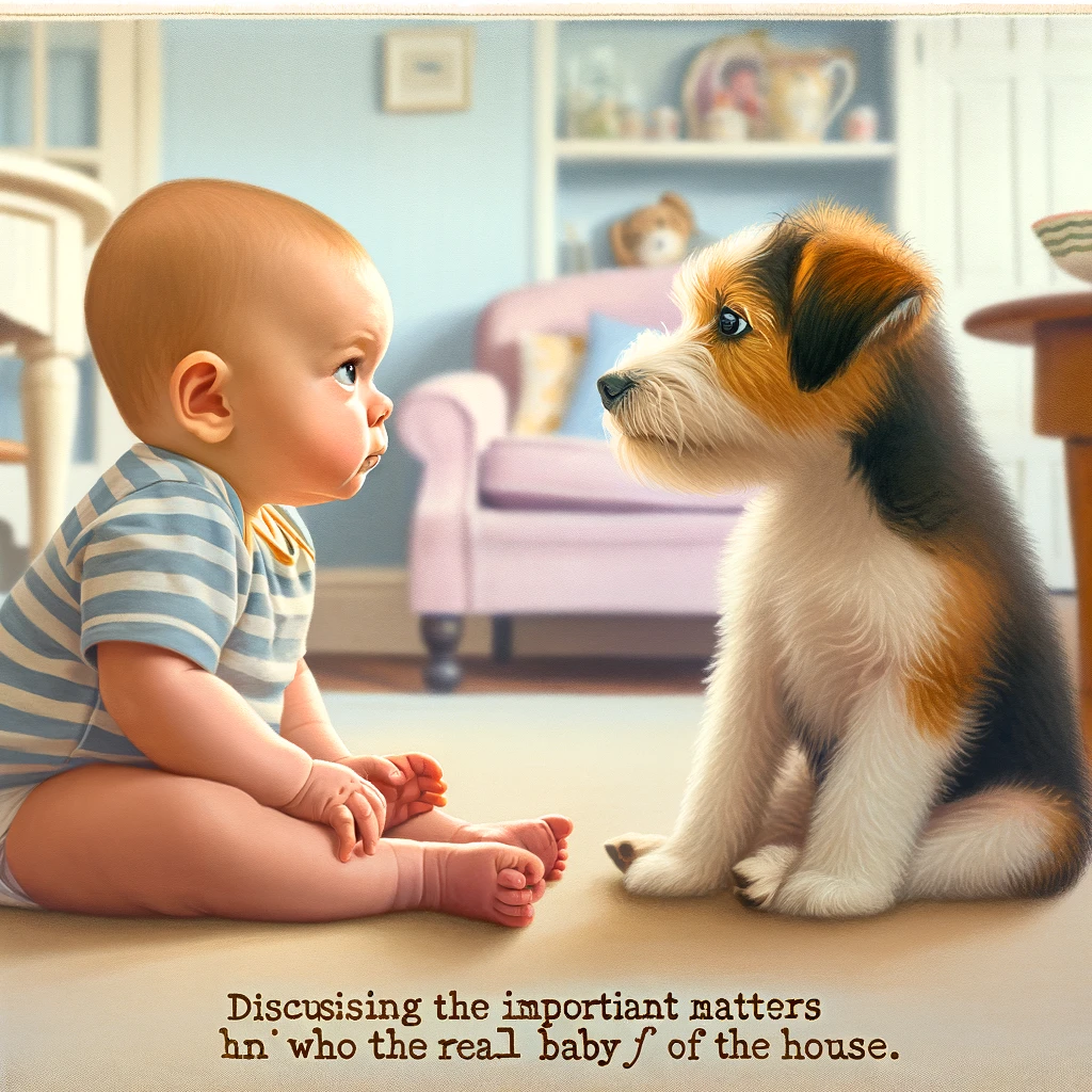 An amusing depiction of a baby and a pet dog sitting face-to-face on the floor, engaging in a serious "conversation". Both the baby and the dog have intense, focused expressions as if discussing very important issues. The room around them is cozy and inviting, suggesting a peaceful afternoon at home. Below this heartwarming scene, the caption in a playful font reads: 'Discussing the important matters of who the real baby of the house is.' The image captures the innocence and humor of the moment, with a touch of whimsy.