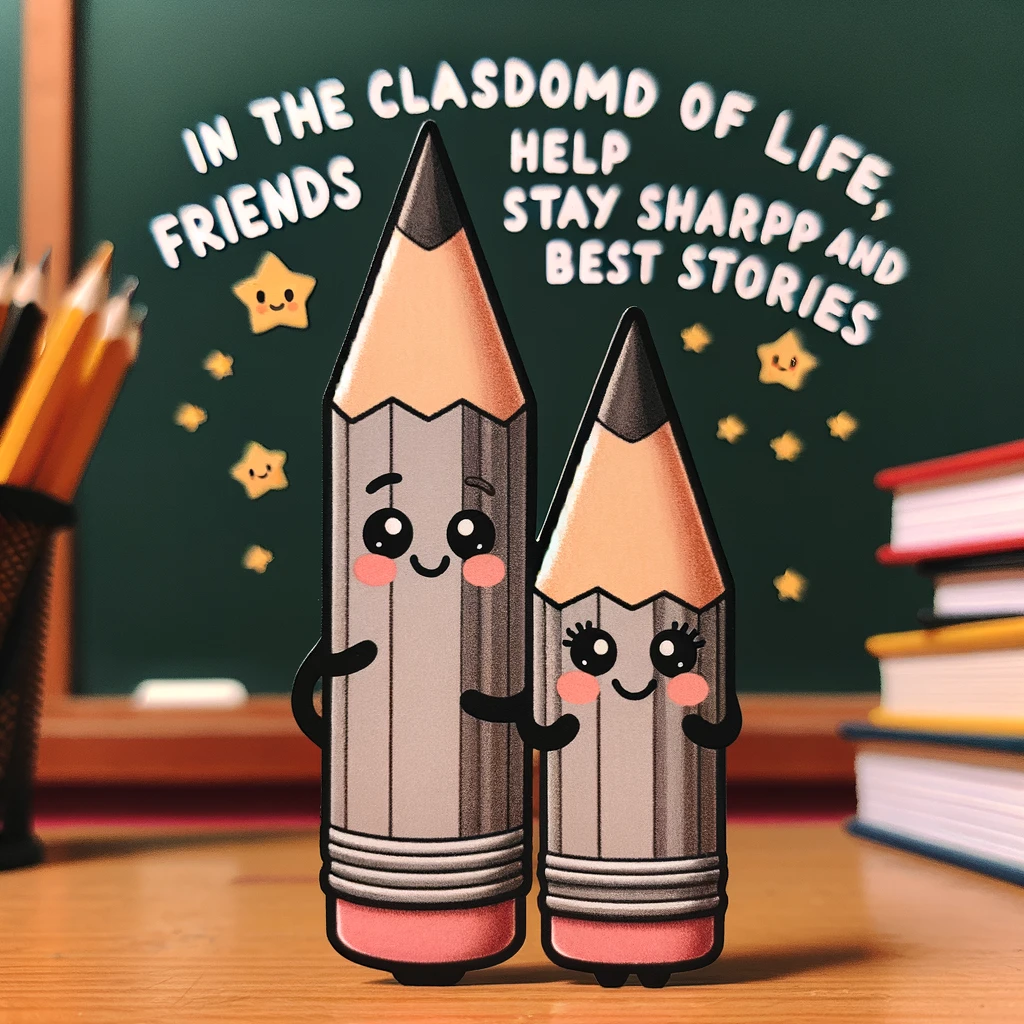 A cute illustration of two cartoon pencils, one sharp and one blunt, leaning against each other with happy faces. The background is a classroom setting with a chalkboard. The caption reads: "In the classroom of life, friends help us stay sharp and write our best stories."