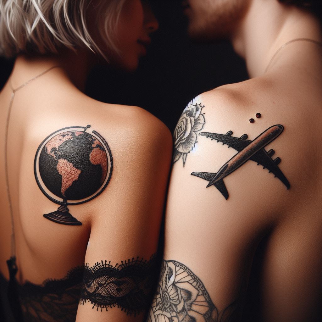 A pair of tattoos featuring a small, detailed globe on one partner's shoulder and an airplane on the other's, symbolizing their love for travel and exploring the world together.
