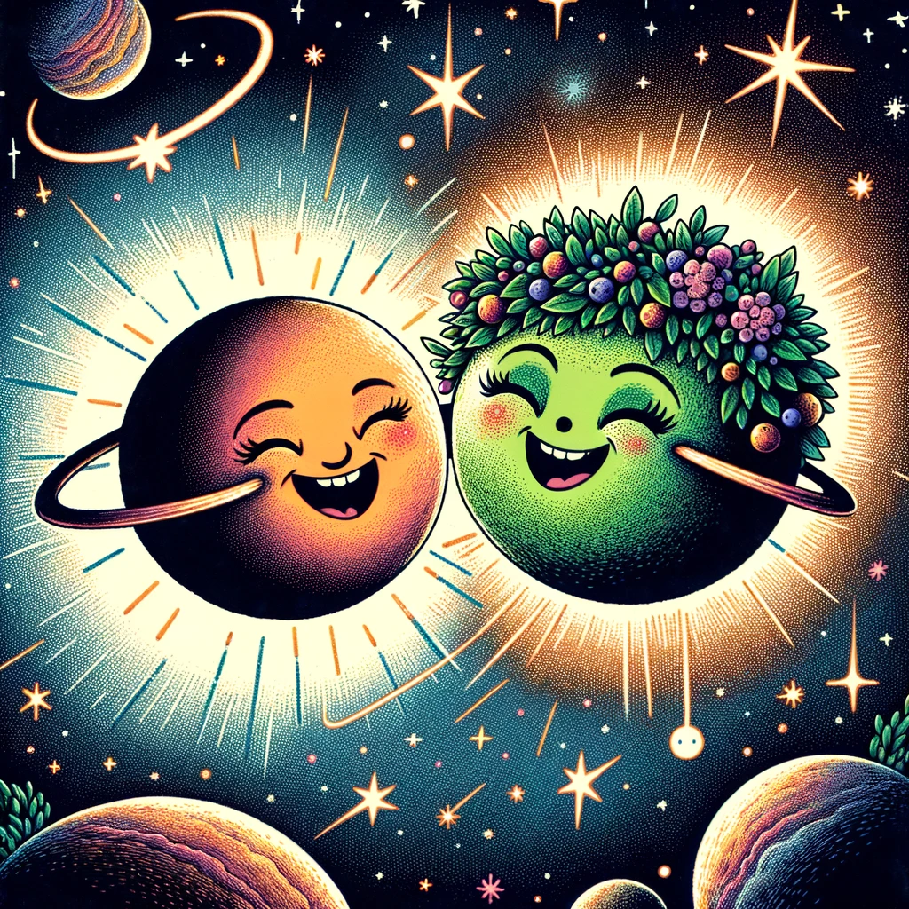 An imaginative illustration of two planets, one with a ring and the other lush with greenery, smiling and orbiting around a sun together. The background is a cosmic space filled with stars. The caption reads: "True friends are like stars and planets, always in each other's orbit, no matter how far."