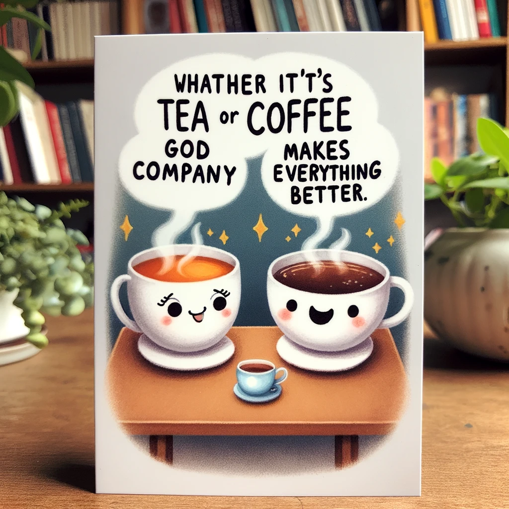 A whimsical illustration of two cartoon teacups, one filled with tea and the other with coffee, sitting on a table and chatting. The scene is set in a cozy café with books and plants in the background. The caption reads: "Whether it's tea or coffee, good company makes everything better."