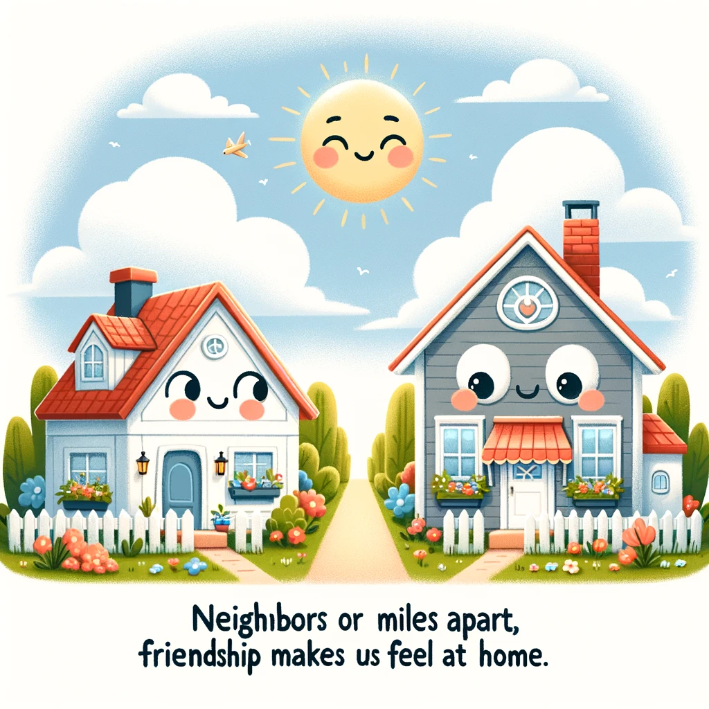 A heartwarming illustration of two cartoon houses, one a cozy cottage and the other a modern townhouse, side by side under a sunny sky. They have faces and are smiling at each other, with a little flower garden in front. The caption reads: "Neighbors or miles apart, friendship makes us feel at home."
