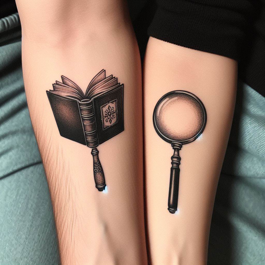 Coordinating tattoos of a small, open book on one partner's forearm and a magnifying glass on the other's, symbolizing their quest for knowledge and exploration of life's mysteries together.
