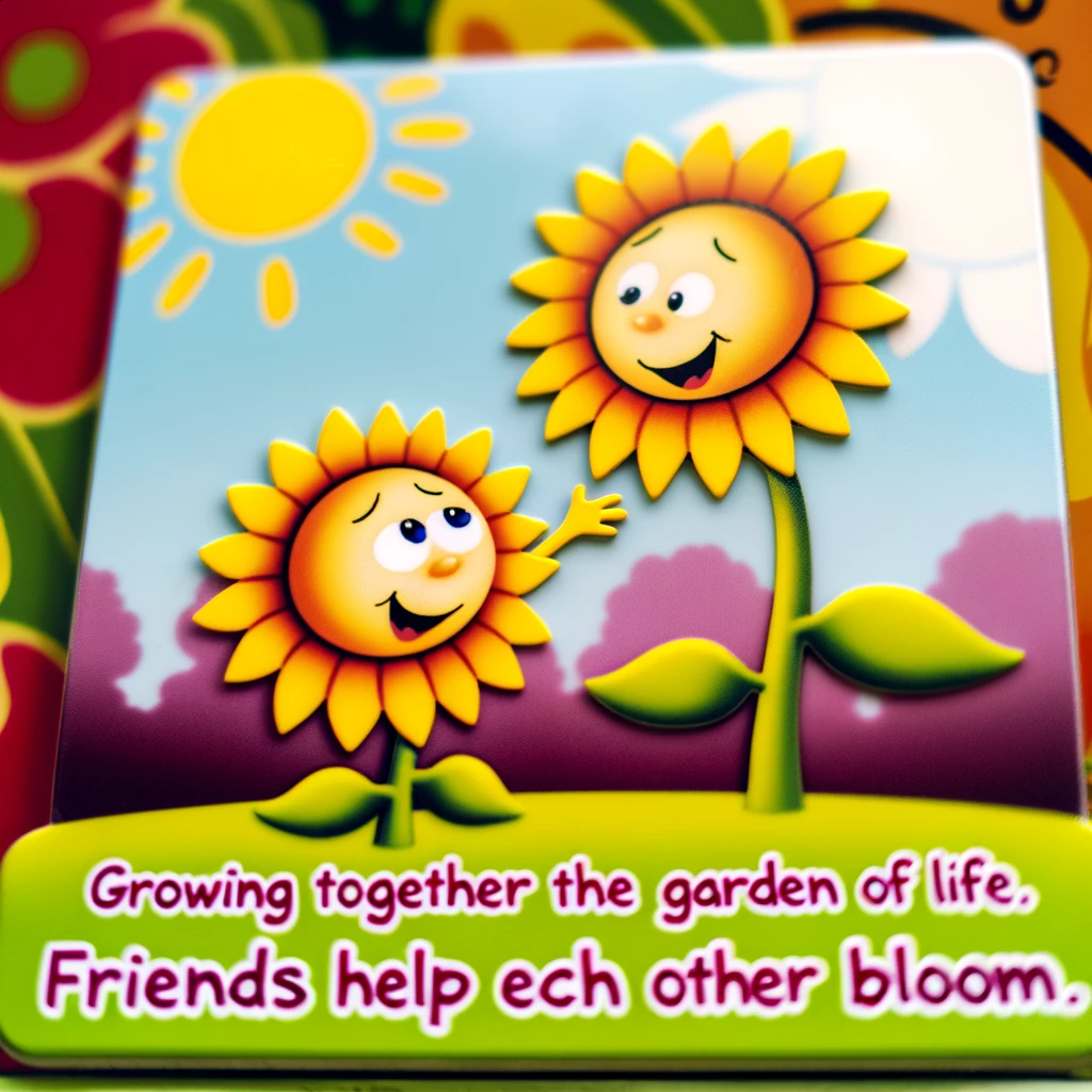 An endearing illustration of two cartoon sunflowers, one tall and one short, leaning towards each other with big smiles under a bright sun. The background is a vibrant garden. The caption reads: "Growing together in the garden of life. Friends help each other bloom."