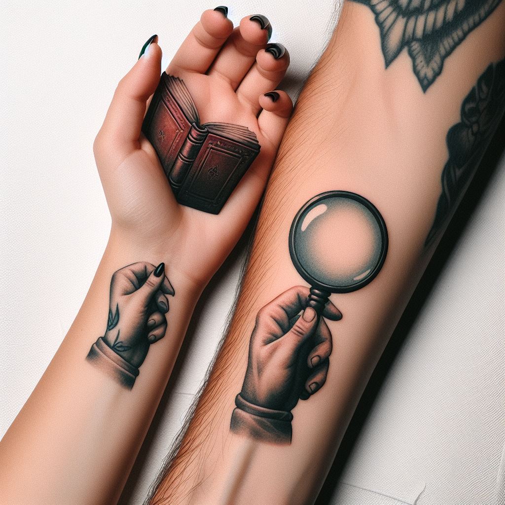 Coordinating tattoos of a small, open book on one partner's forearm and a magnifying glass on the other's, symbolizing their quest for knowledge and exploration of life's mysteries together.